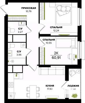 2-к квартира, вторичка, 61м2, 25/25 этаж