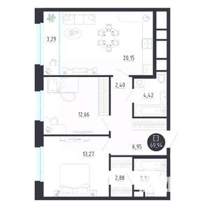 2-к квартира, строящийся дом, 70м2, 7/8 этаж