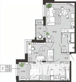 2-к квартира, вторичка, 82м2, 9/21 этаж