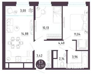 2-к квартира, вторичка, 53м2, 6/10 этаж
