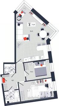 3-к квартира, строящийся дом, 73м2, 2/14 этаж