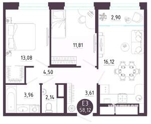 2-к квартира, вторичка, 58м2, 9/10 этаж