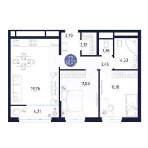 2-к квартира, вторичка, 60м2, 25/25 этаж