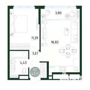 1-к квартира, строящийся дом, 42м2, 14/25 этаж