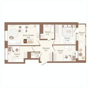 3-к квартира, вторичка, 67м2, 5/14 этаж