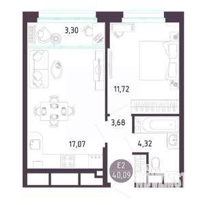 1-к квартира, строящийся дом, 40м2, 2/10 этаж