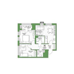 2-к квартира, строящийся дом, 60м2, 1/5 этаж