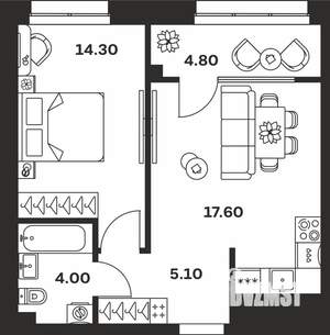 1-к квартира, строящийся дом, 46м2, 2/24 этаж