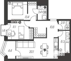 2-к квартира, вторичка, 74м2, 8/24 этаж