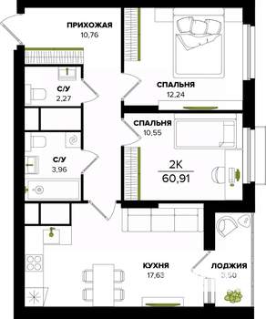 2-к квартира, строящийся дом, 61м2, 11/25 этаж