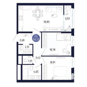 2-к квартира, строящийся дом, 58м2, 13/25 этаж