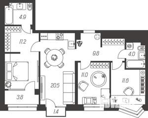 3-к квартира, строящийся дом, 84м2, 8/24 этаж
