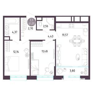 2-к квартира, вторичка, 61м2, 9/10 этаж