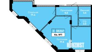 2-к квартира, строящийся дом, 58м2, 1/10 этаж