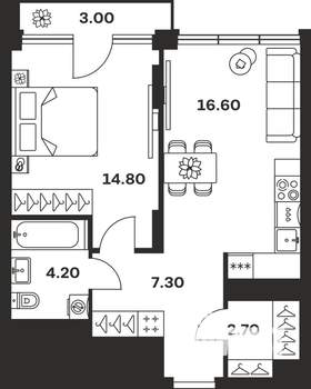 1-к квартира, вторичка, 49м2, 6/9 этаж