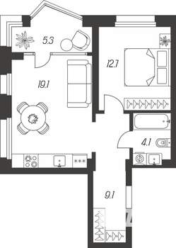 1-к квартира, строящийся дом, 50м2, 9/24 этаж