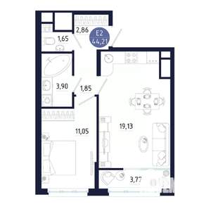 1-к квартира, строящийся дом, 44м2, 13/25 этаж