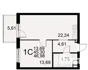 1-к квартира, вторичка, 45м2, 1/11 этаж