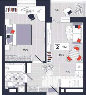 2-к квартира, строящийся дом, 44м2, 8/14 этаж