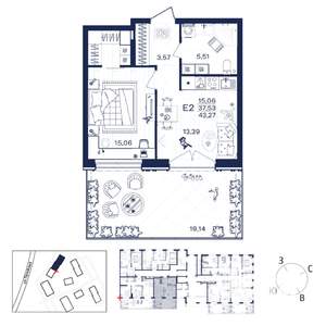 1-к квартира, строящийся дом, 43м2, 1/15 этаж