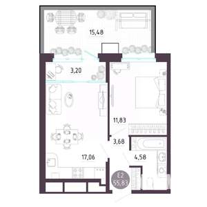 2-к квартира, строящийся дом, 56м2, 1/10 этаж