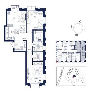 2-к квартира, строящийся дом, 68м2, 3/15 этаж