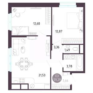 2-к квартира, вторичка, 59м2, 7/10 этаж