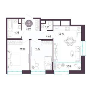 2-к квартира, строящийся дом, 60м2, 7/10 этаж