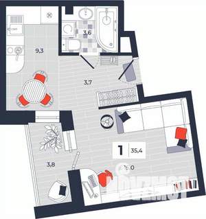 1-к квартира, строящийся дом, 35м2, 2/14 этаж
