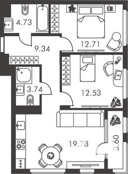 2-к квартира, вторичка, 66м2, 3/9 этаж
