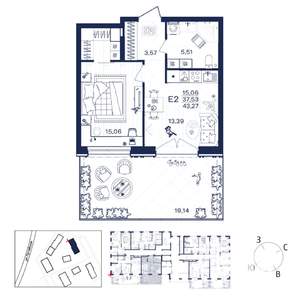 1-к квартира, строящийся дом, 43м2, 1/15 этаж