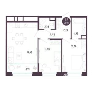 2-к квартира, строящийся дом, 61м2, 10/10 этаж
