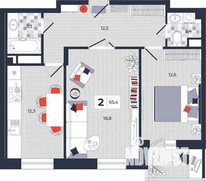 2-к квартира, строящийся дом, 65м2, 12/14 этаж