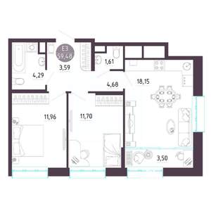 2-к квартира, строящийся дом, 59м2, 10/10 этаж