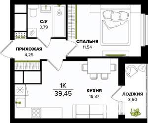 1-к квартира, строящийся дом, 39м2, 12/25 этаж