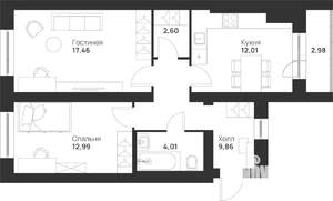 2-к квартира, строящийся дом, 62м2, 3/5 этаж