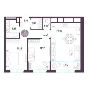 2-к квартира, строящийся дом, 61м2, 10/10 этаж