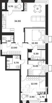 3-к квартира, вторичка, 102м2, 2/8 этаж