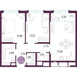 2-к квартира, вторичка, 59м2, 6/10 этаж