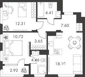 2-к квартира, вторичка, 64м2, 7/9 этаж
