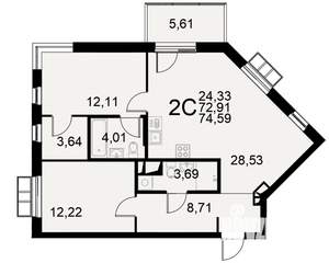 2-к квартира, строящийся дом, 73м2, 2/11 этаж