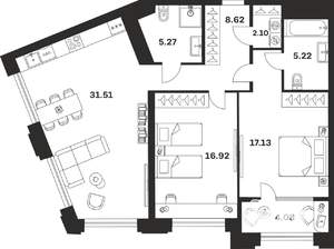 2-к квартира, вторичка, 91м2, 1/10 этаж