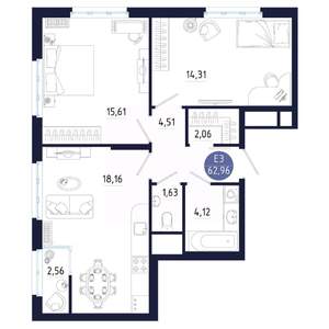 2-к квартира, строящийся дом, 63м2, 8/25 этаж