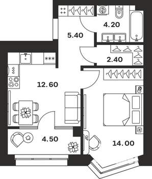 1-к квартира, строящийся дом, 43м2, 19/24 этаж