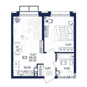 1-к квартира, строящийся дом, 38м2, 4/15 этаж