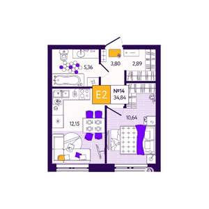 1-к квартира, вторичка, 35м2, 2/12 этаж
