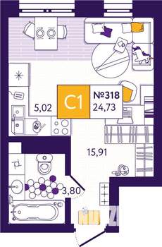 1-к квартира, вторичка, 25м2, 12/14 этаж