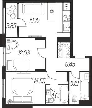 2-к квартира, вторичка, 66м2, 8/16 этаж