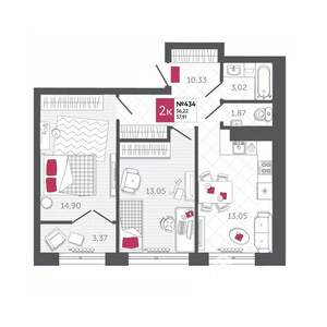 2-к квартира, вторичка, 58м2, 18/22 этаж