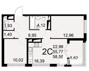 2-к квартира, строящийся дом, 56м2, 23/25 этаж